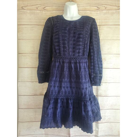 J. Crew Eyelet Lace Flutter Hem Dress Size 2 Navy Blue Preppy A Line - Picture 1 of 7